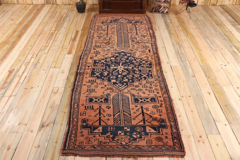 3.9x11.3 ft Turkish Runner Rug, Brown Blue Vintage Paisley Wool Rug - 1