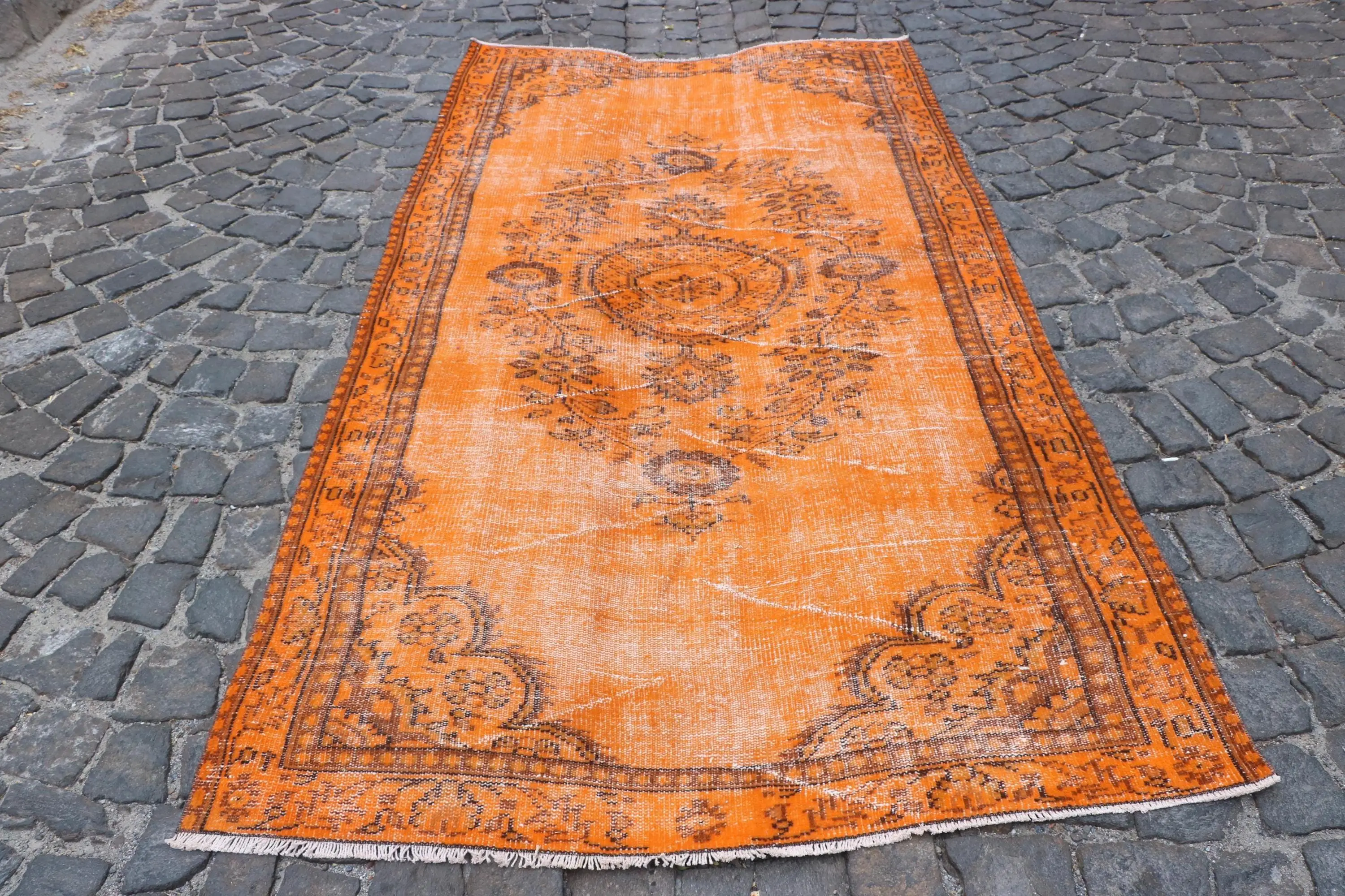 4.7x8.8 ft Vintage Halı, Türk Halısı, Turuncu Puantiyeli Yün Halı - 1