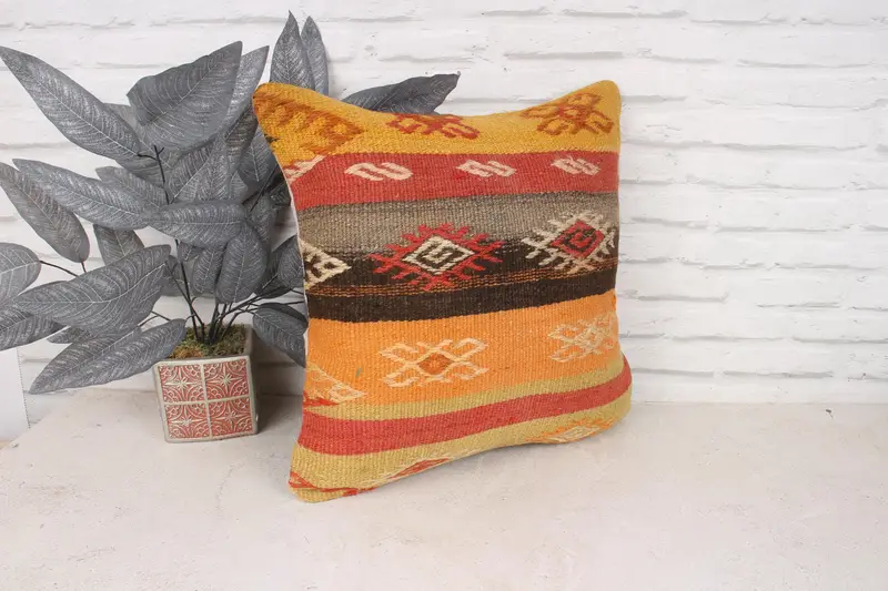 Cushion, Throw Kilim Pillow, Handmade Kilim Cushion, Accent Throw Cushion Case, 18x18 Orange Cushion Cover, Oriental Pillow, Home Decor Pillow - 3