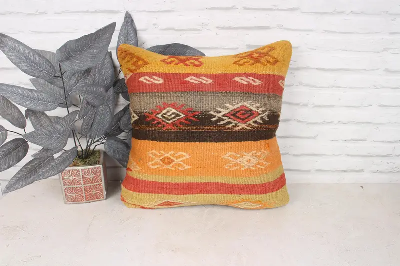 Cushion, Throw Kilim Pillow, Handmade Kilim Cushion, Accent Throw Cushion Case, 18x18 Orange Cushion Cover, Oriental Pillow, Home Decor Pillow - 1