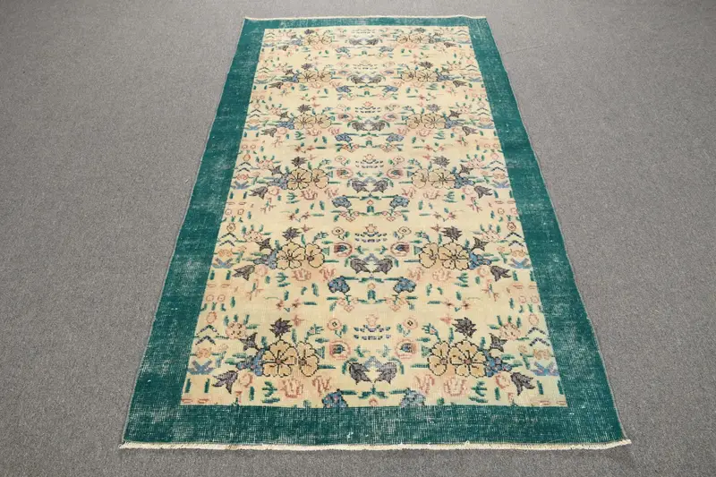 Turkish Vintage Rug, 3.8x6.5 ft Oushak Rug, Green Floral Wool Rug - 1