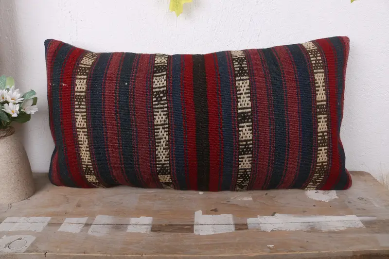 Interior Designer Pillow, Cushion Cover, Ethnical Kilim Rug Pillow, 12x24 Red Pillow Cover, Boho Pillow Sham Cover, Bed Pillow Sham - 2