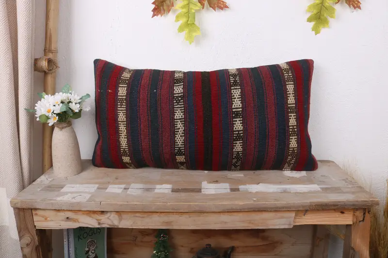 Interior Designer Pillow, Cushion Cover, Ethnical Kilim Rug Pillow, 12x24 Red Pillow Cover, Boho Pillow Sham Cover, Bed Pillow Sham - 1