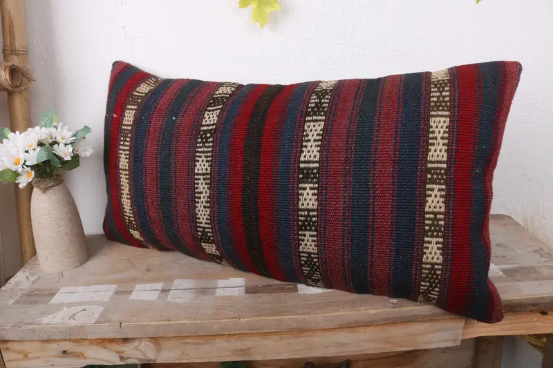 Interior Designer Pillow, Cushion Cover, Ethnical Kilim Rug Pillow, 12x24 Red Pillow Cover, Boho Pillow Sham Cover, Bed Pillow Sham - 4