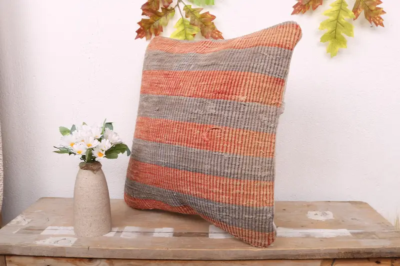 Vintage Kilim Pillow, Bolster Throw Pillow Cover, 16x16 Red Cushion, Kilim Pillow, Pillow Cover, Boho Pillow Sham Cover, Crochet Pattern Pillow - 4