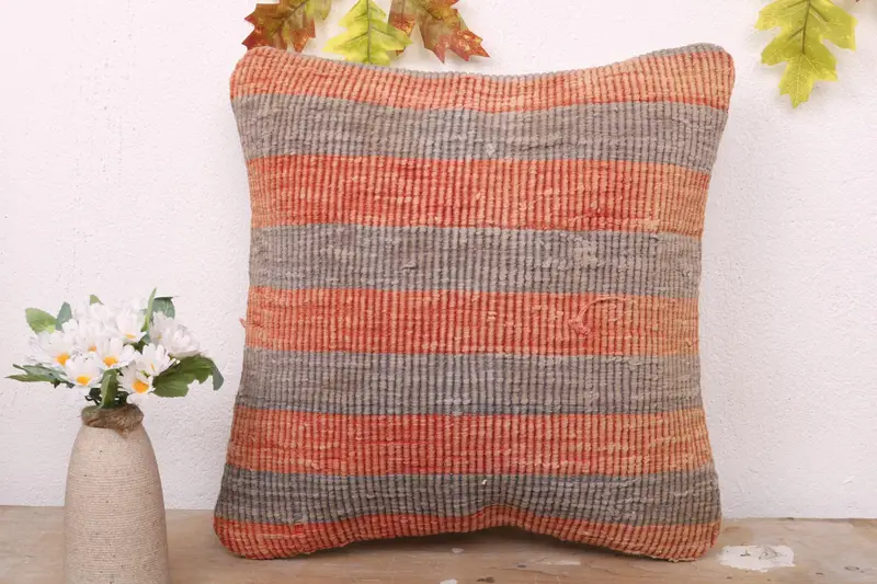 Vintage Kilim Pillow, Bolster Throw Pillow Cover, 16x16 Red Cushion, Kilim Pillow, Pillow Cover, Boho Pillow Sham Cover, Crochet Pattern Pillow - 2
