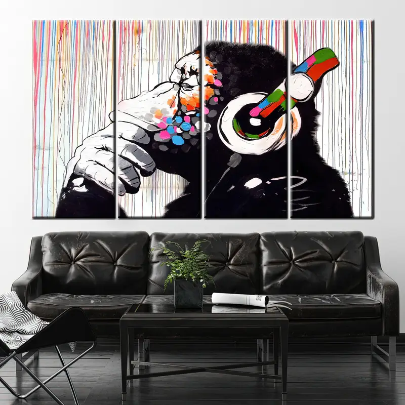 Banksy Dj Monkey, Colorful  Monkey Art, Animal Wall Decor, Headphone Monkey, Living Room Wall Art, Large Wall Art, Banksy Monkey, Banksy Art - 6