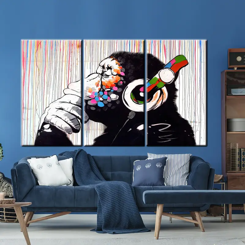 Banksy Dj Monkey, Colorful  Monkey Art, Animal Wall Decor, Headphone Monkey, Living Room Wall Art, Large Wall Art, Banksy Monkey, Banksy Art - 5