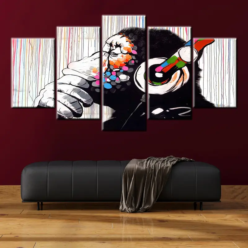 Banksy Dj Monkey, Colorful  Monkey Art, Animal Wall Decor, Headphone Monkey, Living Room Wall Art, Large Wall Art, Banksy Monkey, Banksy Art - 1