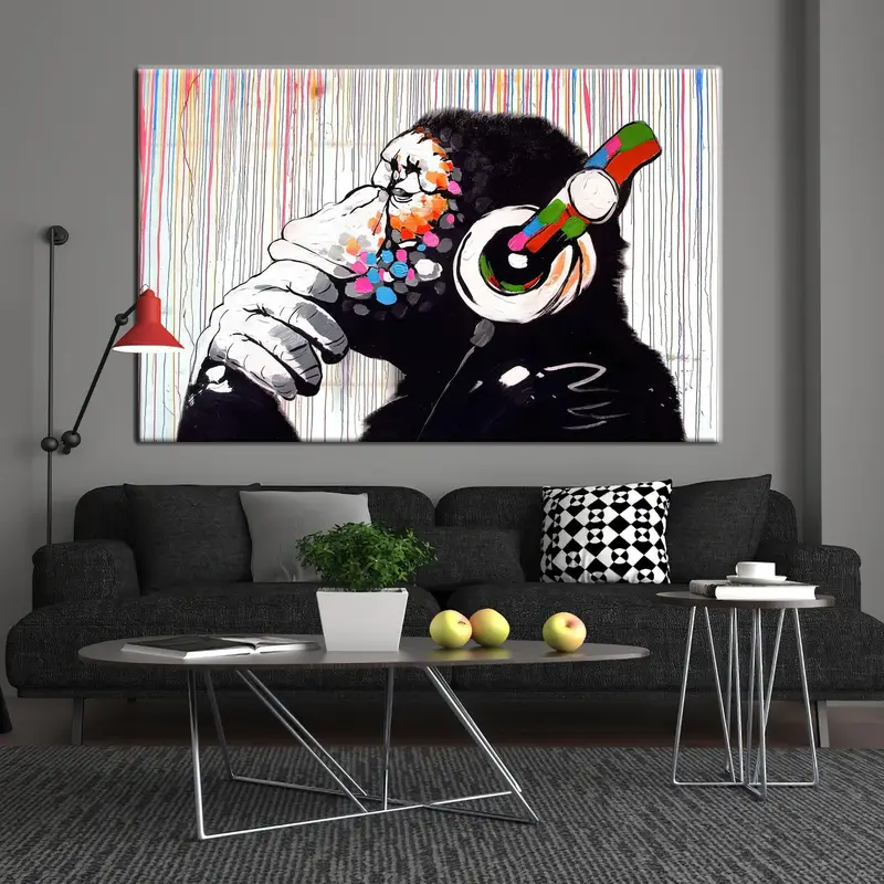 Banksy Dj Monkey, Colorful  Monkey Art, Animal Wall Decor, Headphone Monkey, Living Room Wall Art, Large Wall Art, Banksy Monkey, Banksy Art - 4