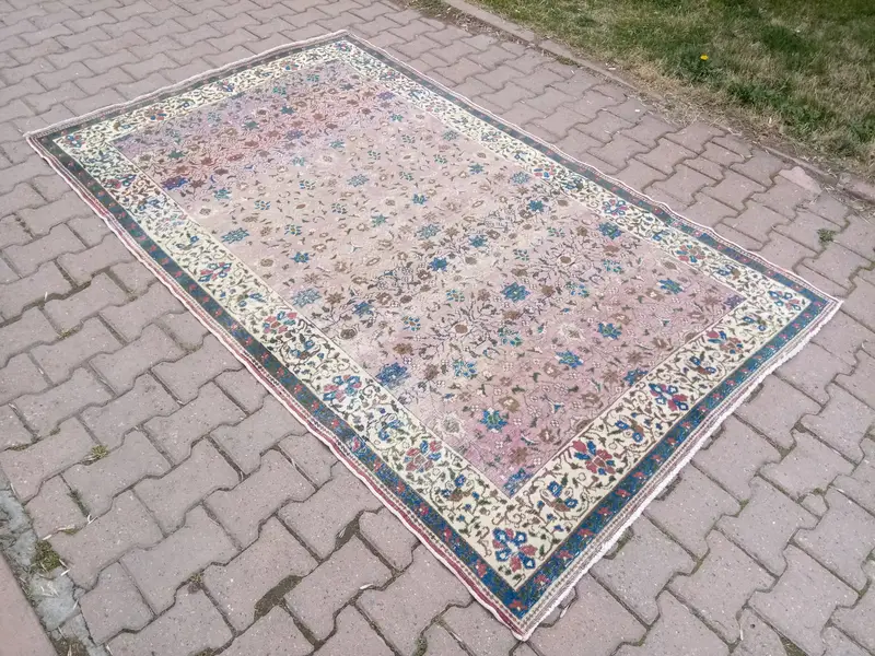 ローズゴールド & ブルー ラグ、4,83x7,83 フィート、幾何学模様の花柄