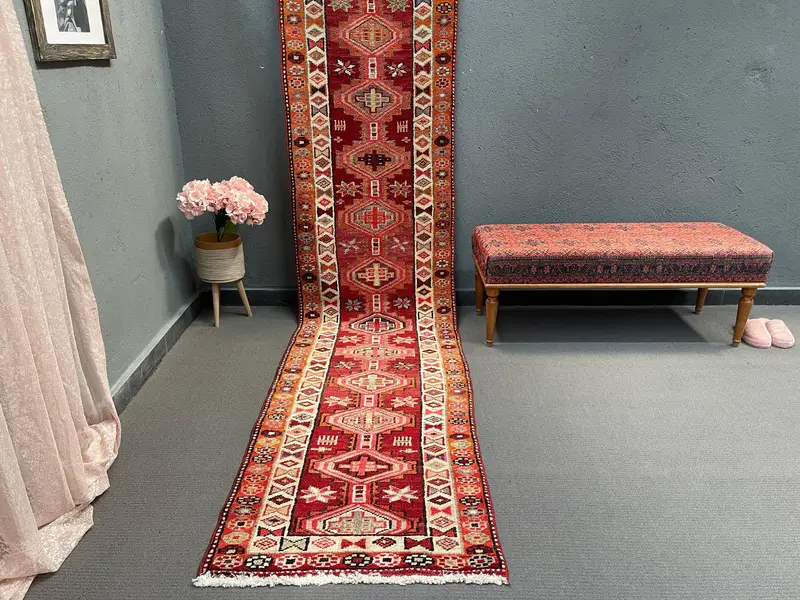 2,6x11,4 ft türkischer Teppich, Läufer Vintage Teppich, roter abstrakter Teppich - 1