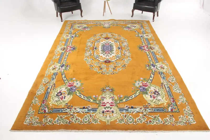 Alfombra turca de 7,7x12,4 pies, alfombra vintage de gran tamaño, alfombra con estampado animal azul amarillo - 1