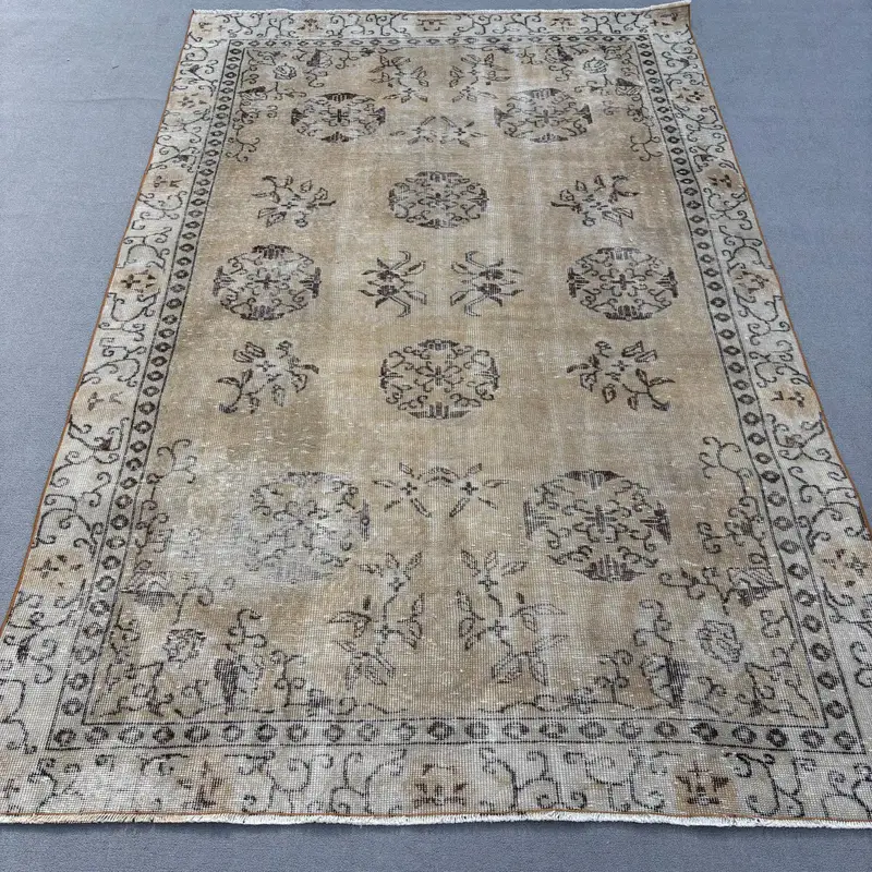 Turkish Large Rug 5.7x8.9 ft (175x270 cm), Oushak Brown Southwestern Vintage Rug - 1