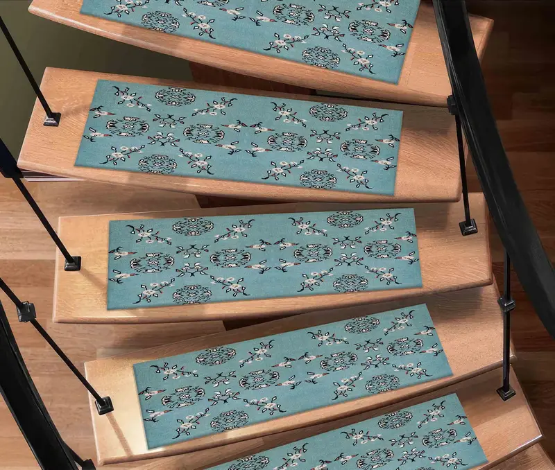 White Flowers Ethnic Pattern Stair Rug, Printed Bohemian Farmhouse Design