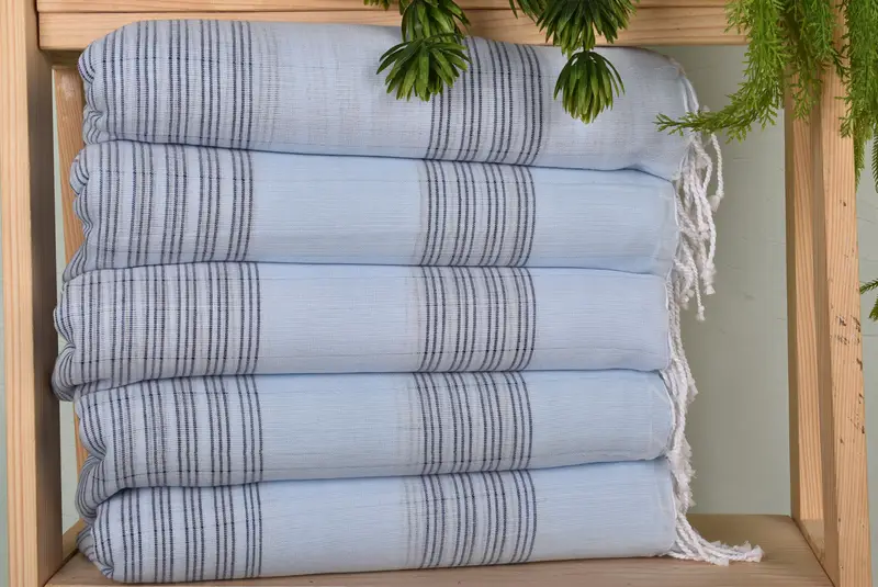 Beach Towel Organic Cotton, Baby Blue-Navy Blue Stripes, 40x71 Inches