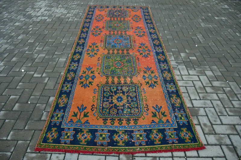 4.3x11.2 ft Turkish Rug, Vintage Runner Rug, Orange Bordered Wool Rug - 1