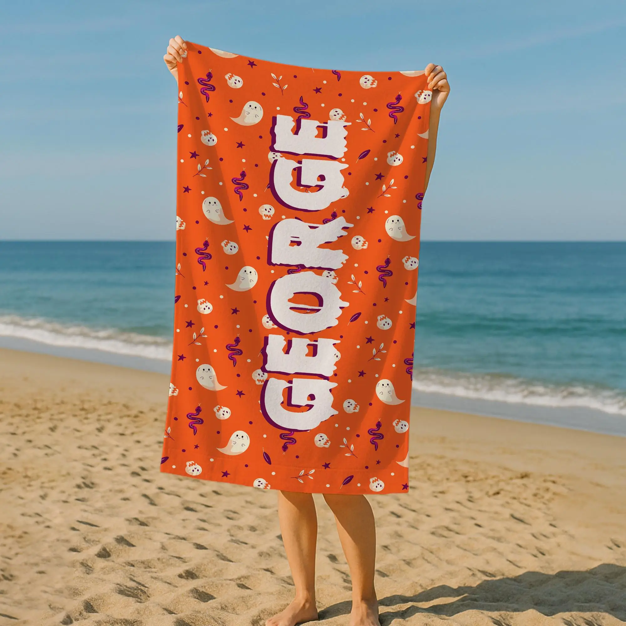 Halloween Beach Towel Personalized Gift, Smooth Polyester Front, 28x53 Inches - 1