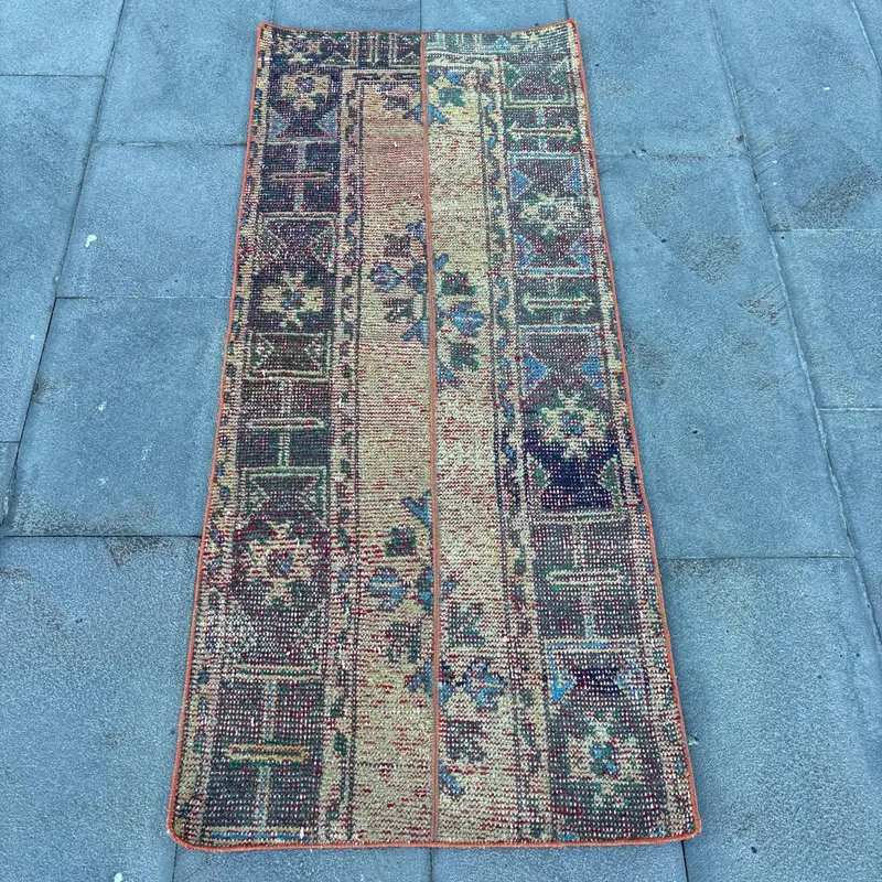 Turkish Small Rug 2.1x4.9 ft (64x149 cm), Oushak Blue Floral Vintage Rug - 1