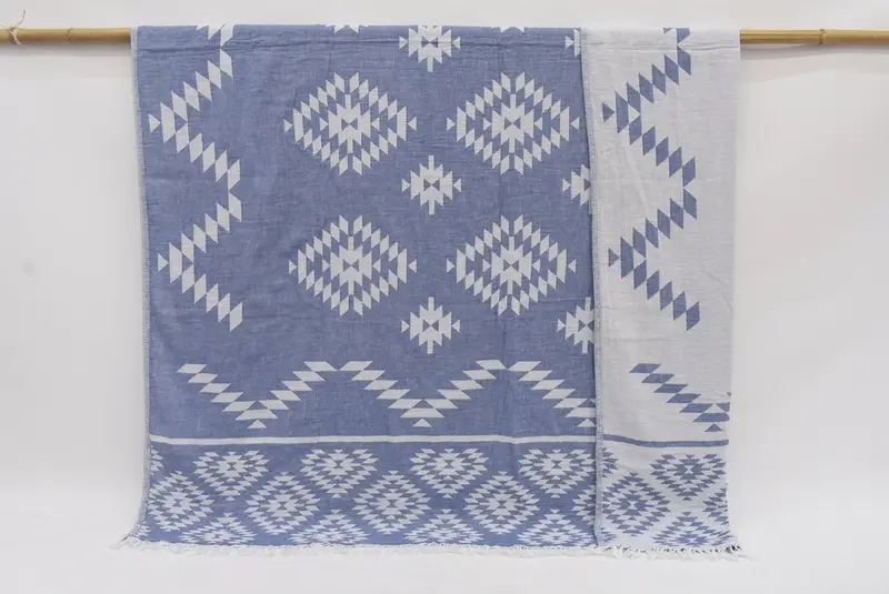 Personalized Navy Kilim Blanket, 83x56 Inches, Organic Cotton, Turkish