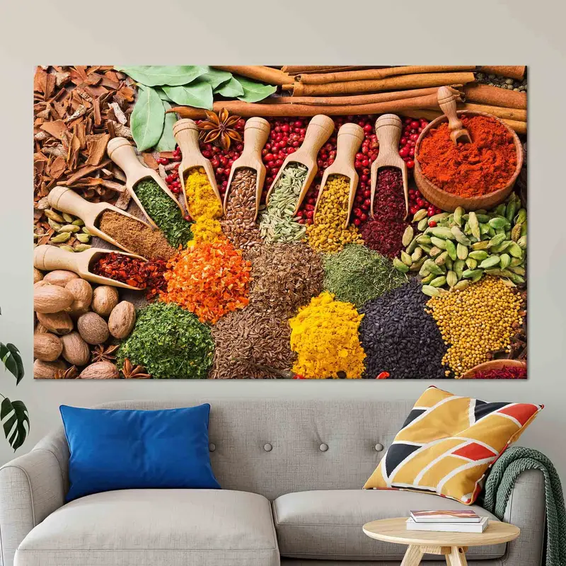 トレンディな農家のキッチン キャンバス: カラフルなスパイス プリント アートワーク