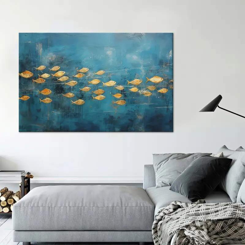 Lienzo moderno con peces azules y dorados: arte impreso elegante