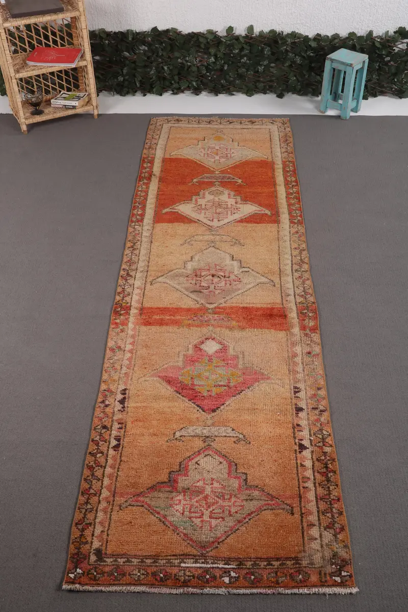 Turkish Herki Rug 3x10 ft (90x306 cm), Orange Abstract Vintage Rug - 1