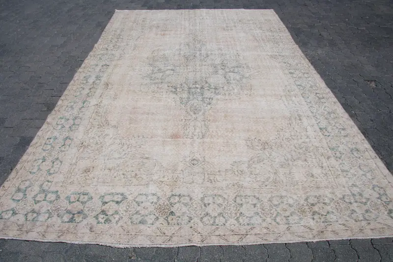 Turkish Rug, Oversize 8x11.6 ft Vintage Rug, White Blue Striped Wool Rug - 1