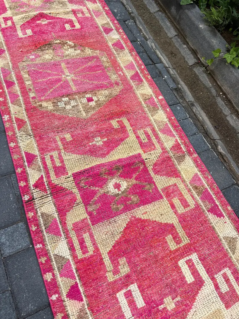 2.6x12.3 ft Rug, Vintage Turkish Rug, Red Brown Abstract Wool Rug - 1