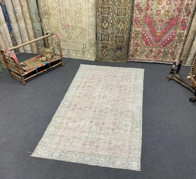 Pembe ve Mavi Çiçekli Halı, 3,6x6,8 ft Şık Dekor