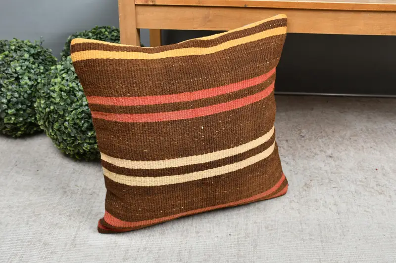 Pillow Sham, Patio Pillow Case, Pet Pillow Cover, Handwoven Pillow Cover, Turkish Pillow, Kilim Cushion Sham, Vintage Pillow, 18x18 Brown Pillow - 7