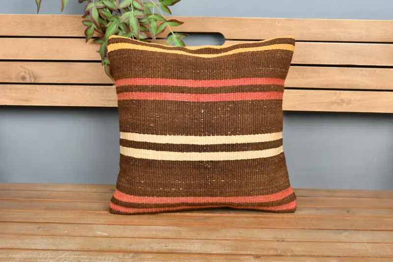 Pillow Sham, Patio Pillow Case, Pet Pillow Cover, Handwoven Pillow Cover, Turkish Pillow, Kilim Cushion Sham, Vintage Pillow, 18x18 Brown Pillow - 6