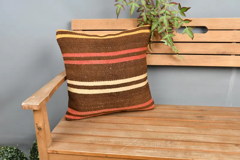 Pillow Sham, Patio Pillow Case, Pet Pillow Cover, Handwoven Pillow Cover, Turkish Pillow, Kilim Cushion Sham, Vintage Pillow, 18x18 Brown Pillow - 1