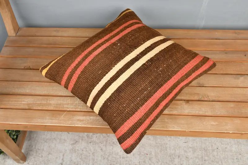 Pillow Sham, Patio Pillow Case, Pet Pillow Cover, Handwoven Pillow Cover, Turkish Pillow, Kilim Cushion Sham, Vintage Pillow, 18x18 Brown Pillow - 2