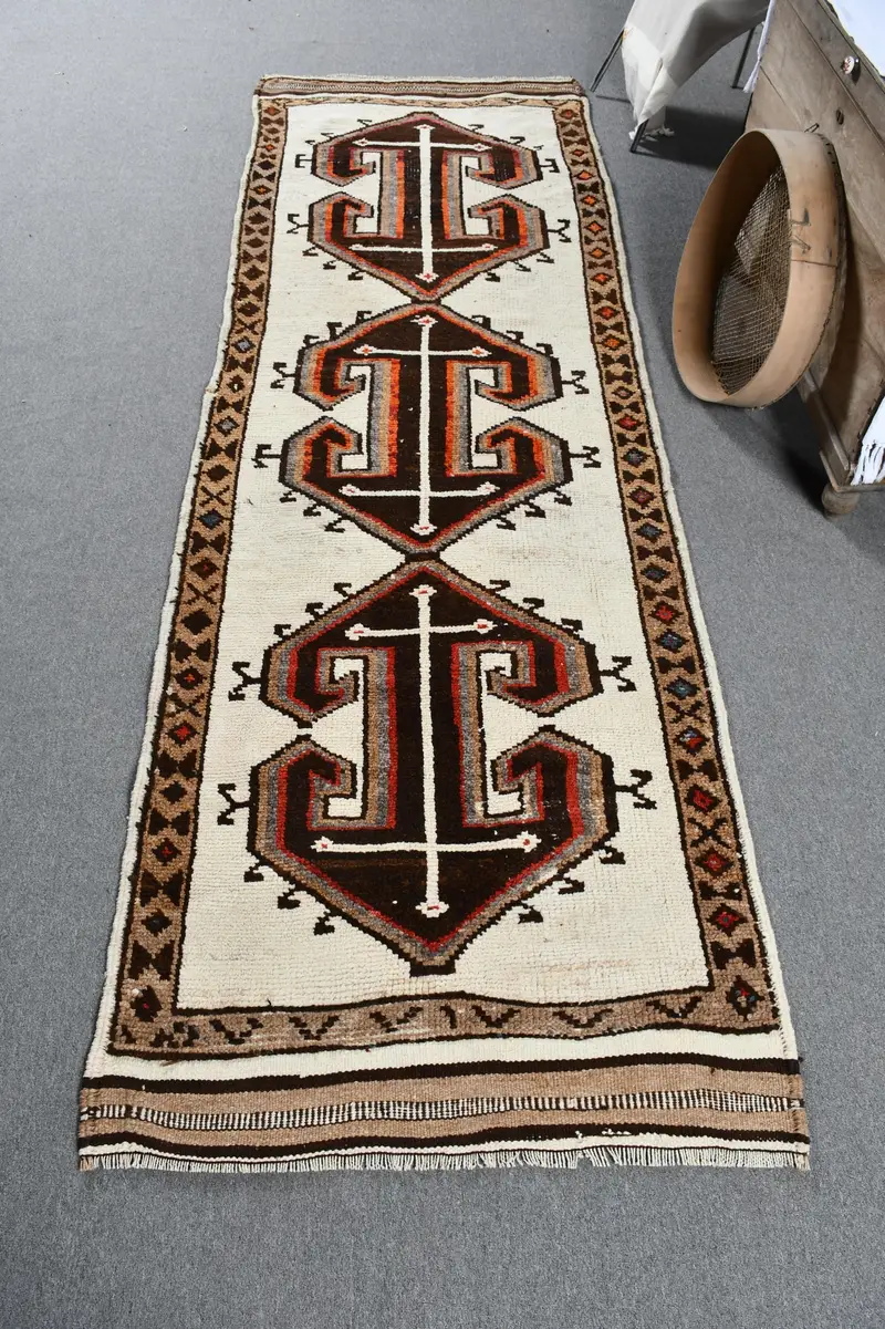 3.3x10.6 ft Runner Vintage Halı, Türk Halısı, Kahverengi Kırmızı Ombré Yün Halı - 1