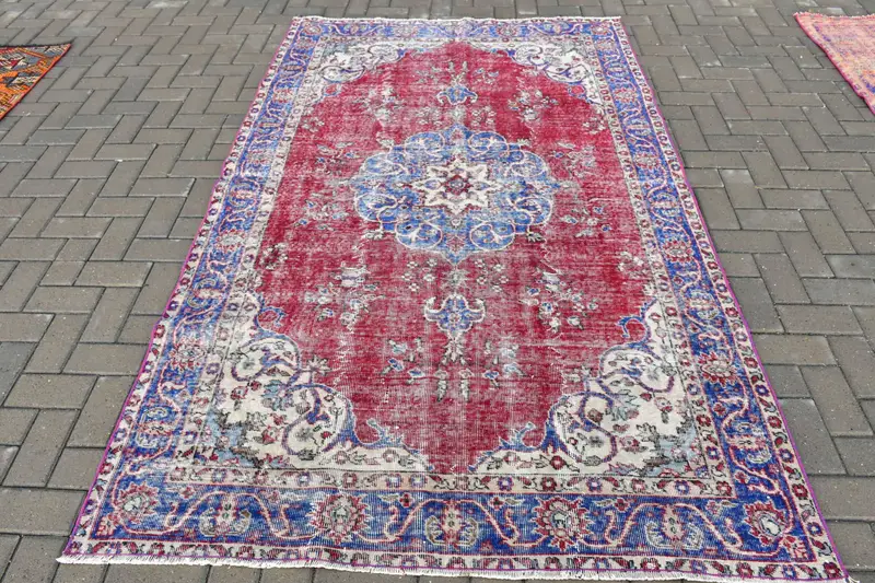 5x8,2 ft großer türkischer Teppich, rot-blauer Vintage-Patchwork-Wollteppich - 1