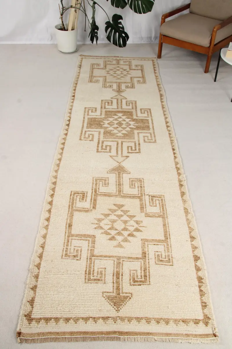 3.2x11.1 ft Türk Halısı, Vintage Yolluk Halısı, Bej Kahverengi Hayvan Baskı Yün Halı - 1