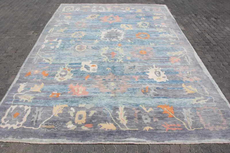 Turkish Rug, Oversize 9.8x14 ft Vintage Rug, Blue Gray Abstract Wool Rug - 1