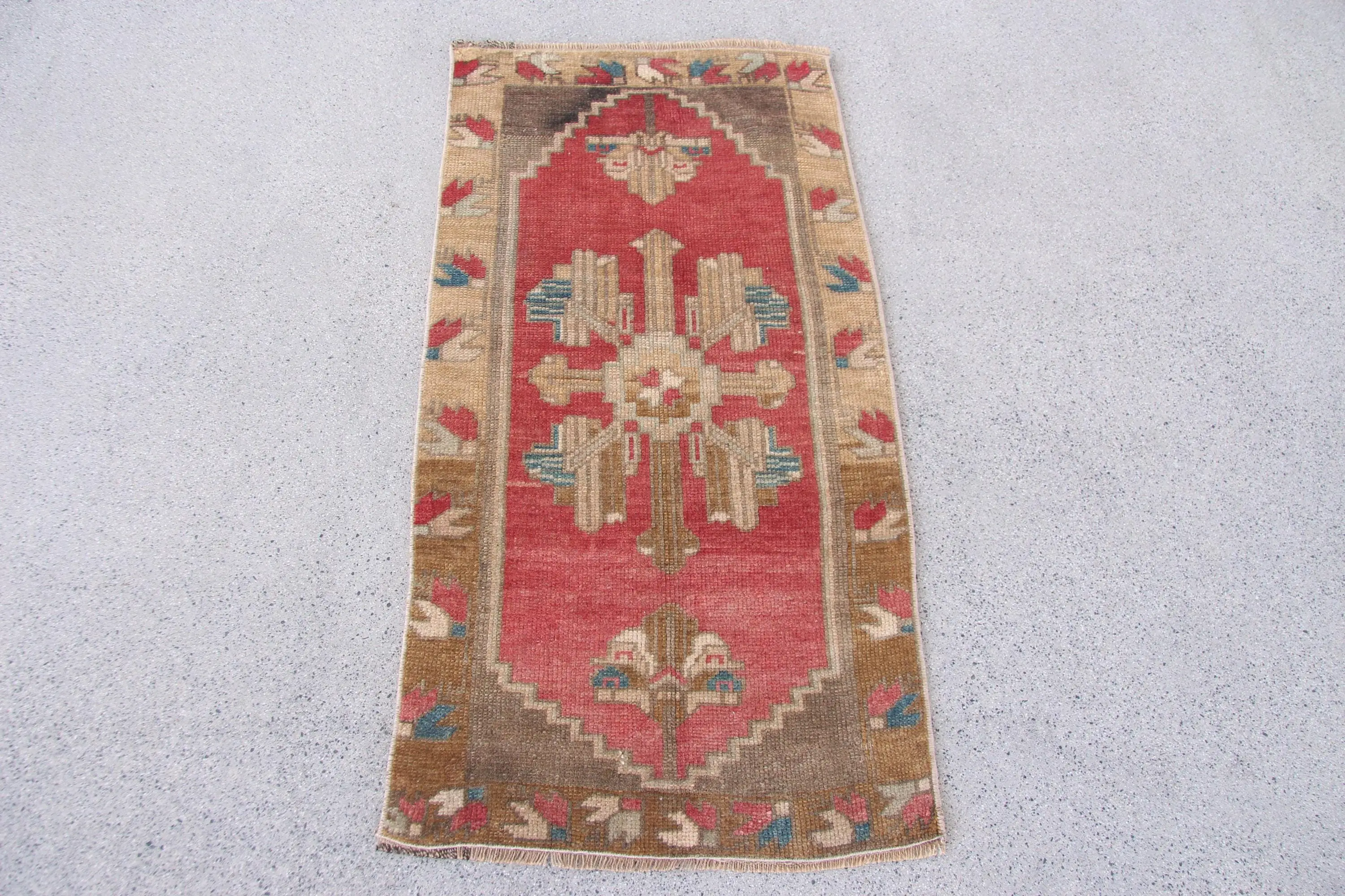 Turkish Vintage Rug 1.6x3.1 ft, Red Abstract Rug - 1