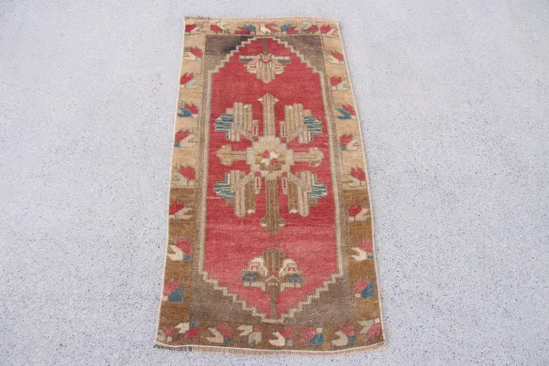 Red Abstract Rug, 1.6x3.1 ft Elegant Red-Brown Decor