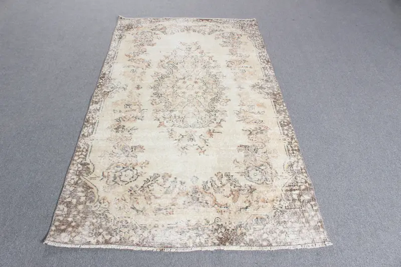 3.7x6.46 ft Vintage Halı, Oushak Halı, Beyaz Oryantal Halı Yün - 1