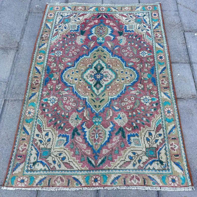 3.1x4.4 ft Vintage Rug, Turkish Small Rug, Red Blue Ikat Rug - 1