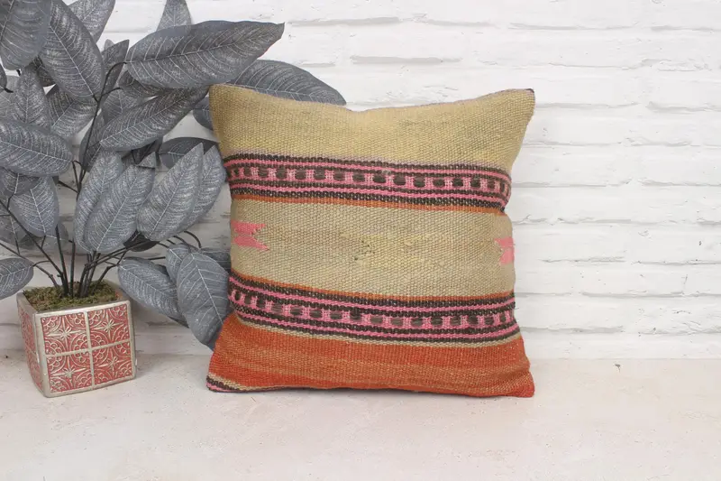 Turkish Corner Cushion Case, Pillow for Sofa, Throw Kilim Pillow, Cushion Cover, Sofa Bolster Pillow, Kilim Pillow Cover, 16x16 Beige Pillow Case - 1