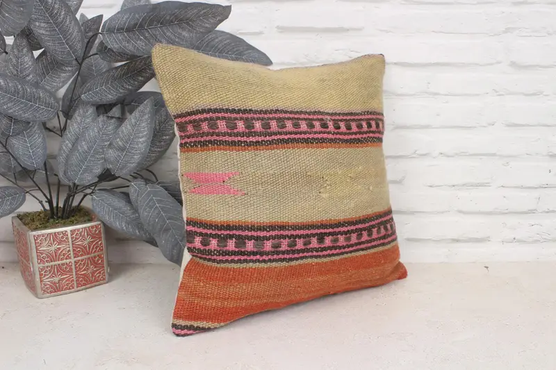 Turkish Corner Cushion Case, Pillow for Sofa, Throw Kilim Pillow, Cushion Cover, Sofa Bolster Pillow, Kilim Pillow Cover, 16x16 Beige Pillow Case - 3