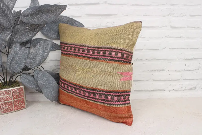 Turkish Corner Cushion Case, Pillow for Sofa, Throw Kilim Pillow, Cushion Cover, Sofa Bolster Pillow, Kilim Pillow Cover, 16x16 Beige Pillow Case - 4