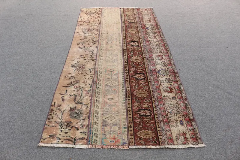 レッド&ベージュ ラグ、3.8x7.9フィート ボタニカルデザイン