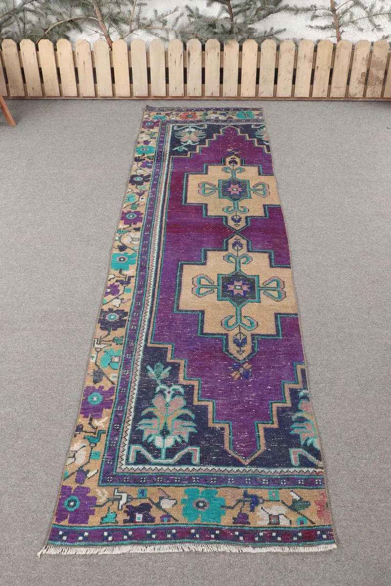 Alfombra azul y púrpura hecha a mano, patchwork de 2,4x8 pies