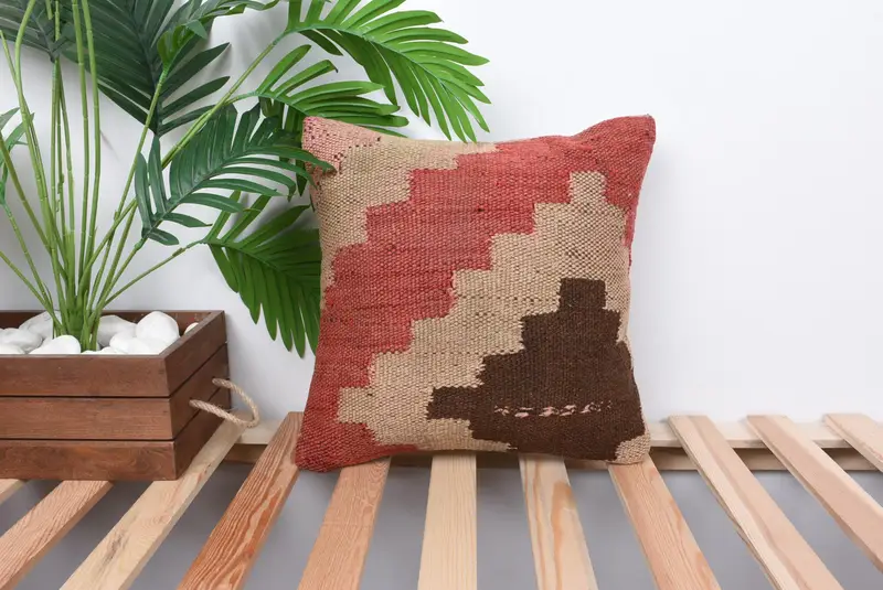 14x14 Red Cushion, Handmade Throw Cushion Case, Pillow for Couch, Vintage Kilim Throw Pillow, Retro Pillow, Pillow Cover, Turkish Kilim Pillow - 1