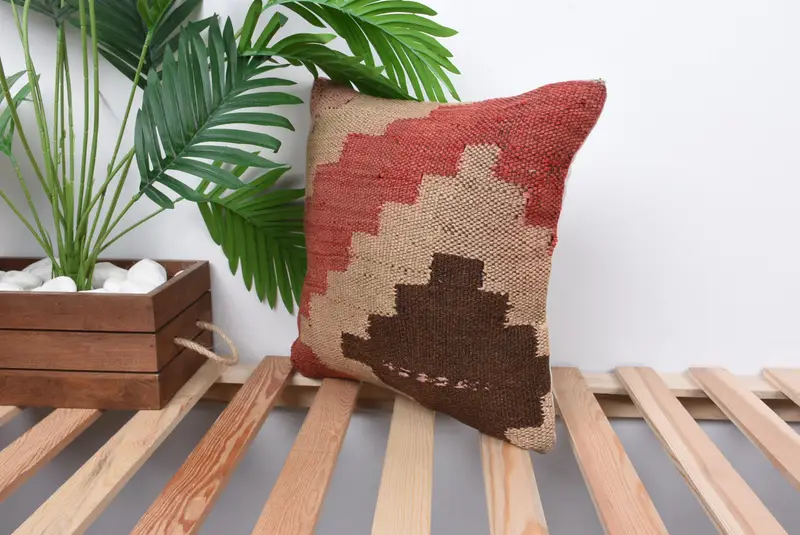 14x14 Red Cushion, Handmade Throw Cushion Case, Pillow for Couch, Vintage Kilim Throw Pillow, Retro Pillow, Pillow Cover, Turkish Kilim Pillow - 5