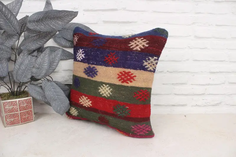Ethnical Kilim Rug Pillow, Vintage Kilim Throw Pillow, Cushion Case, 16x16 Blue Cushion, Office Chair Cushion Cover, Turkish Pillow - 4